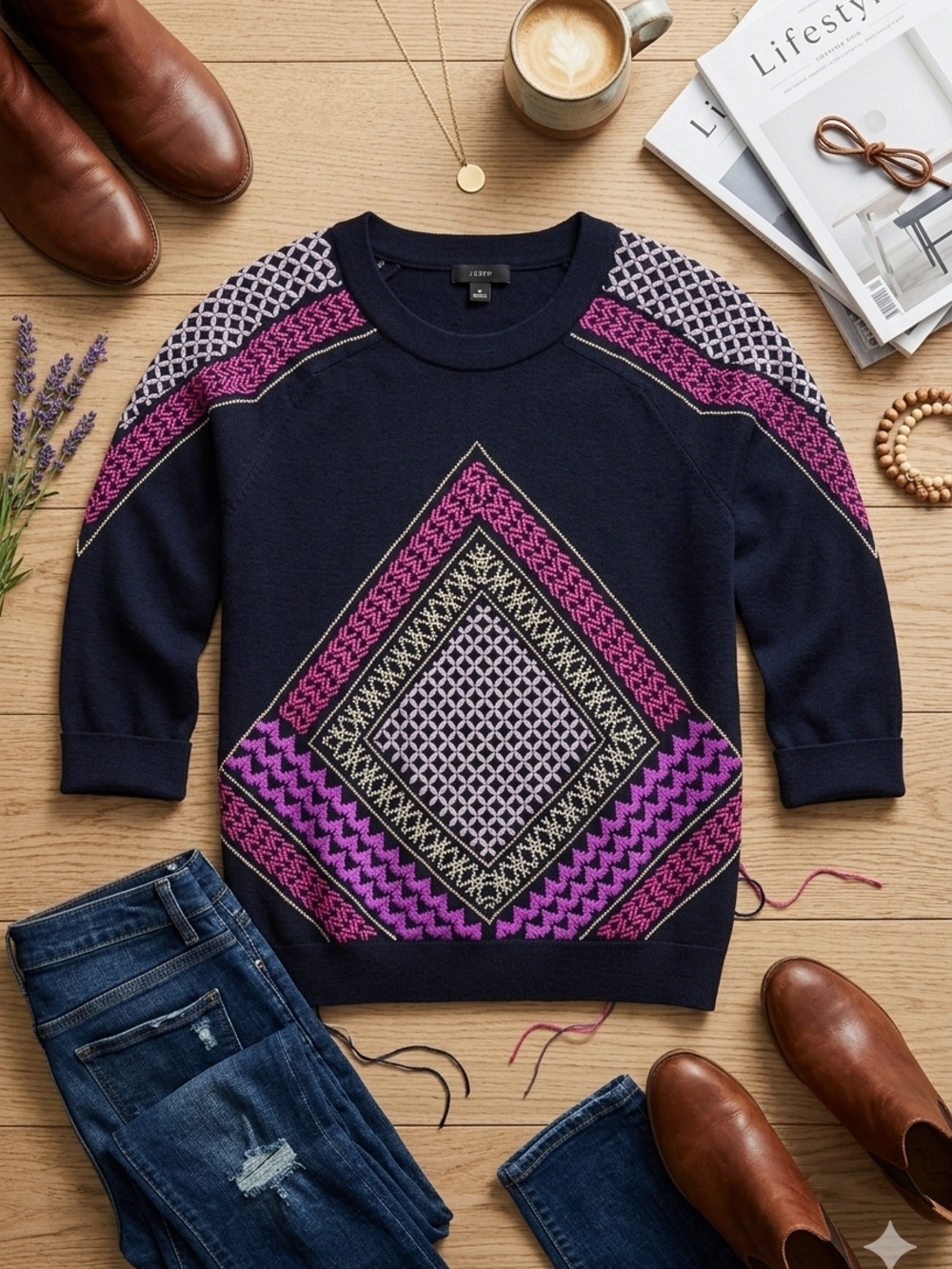 J. Crew Navy Crewneck Sweater with Embroidered Pattern